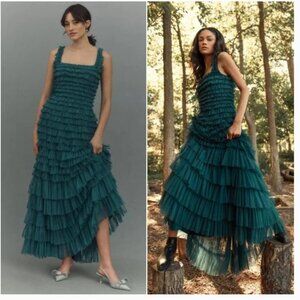 NWT Mac Duggal Square Neck Ruffled Tiered Tulle Tea Length Dress Teal Size 20